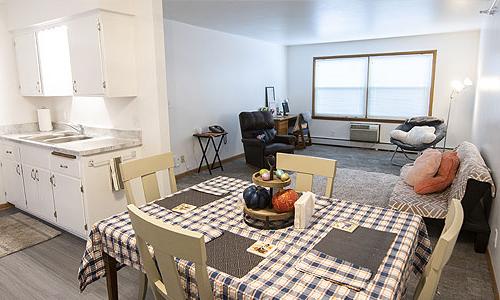 Carroll Street Apartments kitchen and living room.